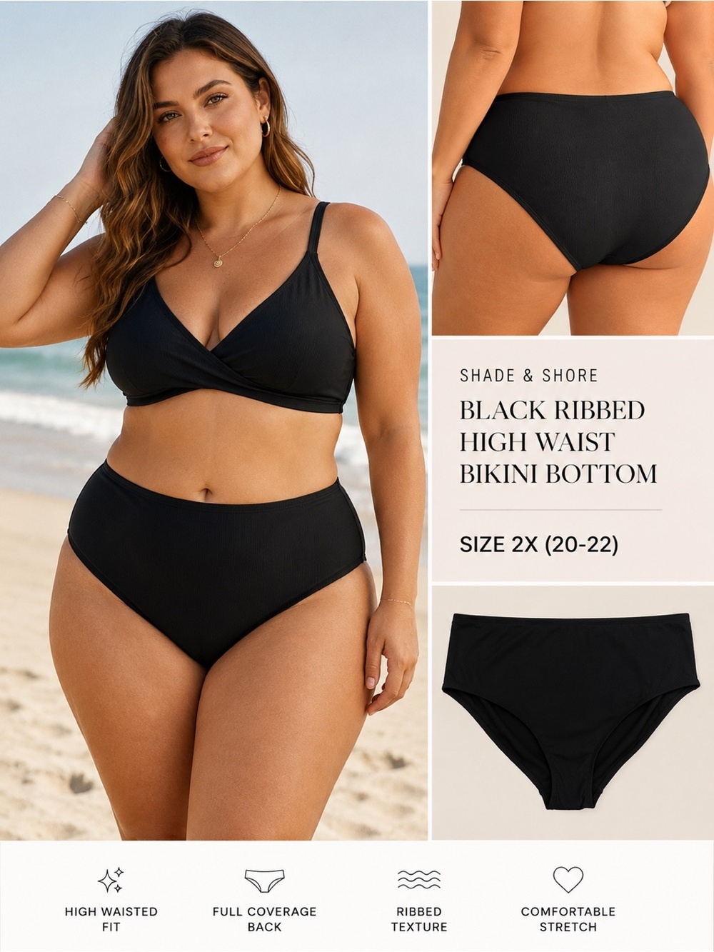 Shade & Shore Black Ribbed High Waist Bikini Bottom Plus Size 2X NWOT